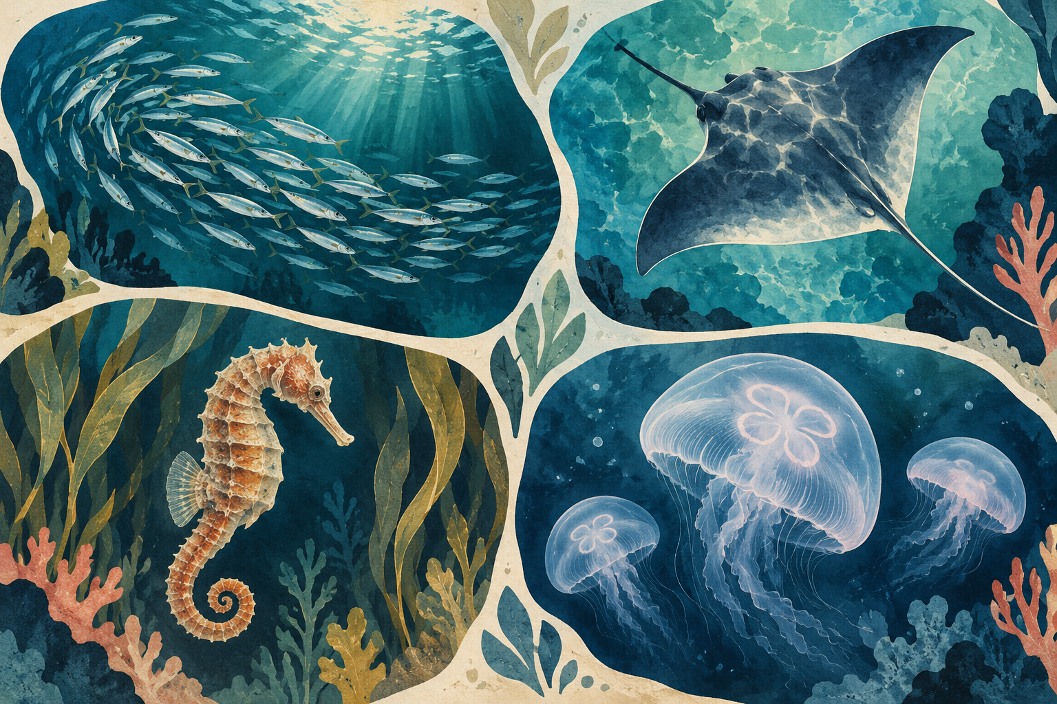 原创海洋生物插画,以分开的装饰画面表现鱼群、鳐鱼、海马和水母,并非 SEA LIFE 展缸实拍